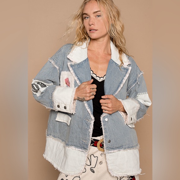 POL HEART Denim jacket Love patchwork blue white cream sherpa heart - Picture 2 of 4